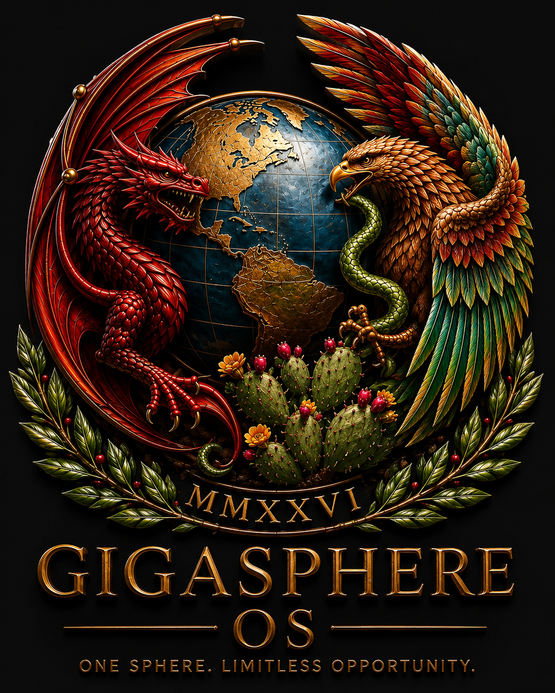 GigaSphere custom crest featuring a dragon and eagle surrounding a globe, cactus, laurel, Roman numerals MMXXVI, and the GigaSphere OS wordmark.